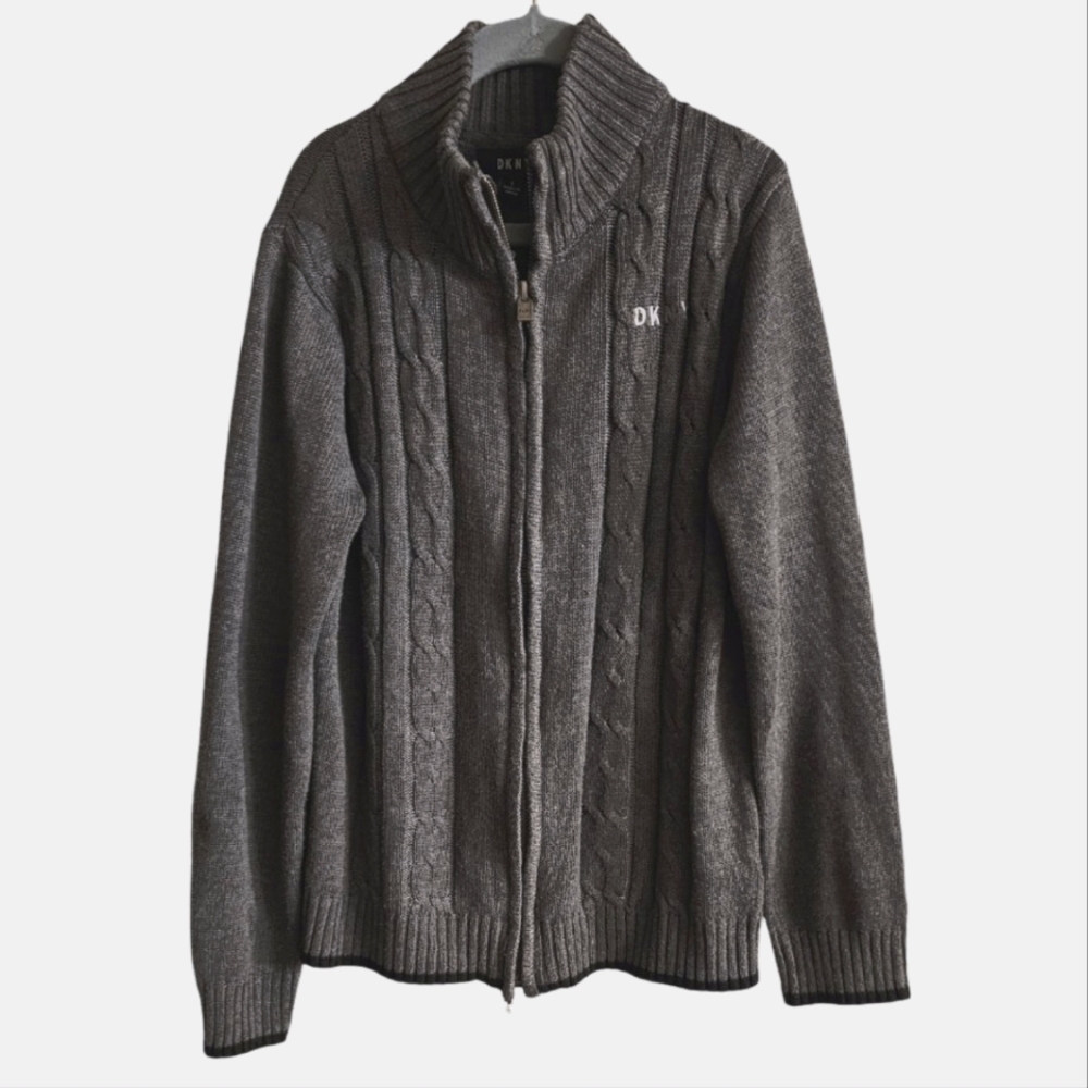 DKNY. Boys. Mock Neck Zip-up Sweater. Gray with Black Trim. Size Small.